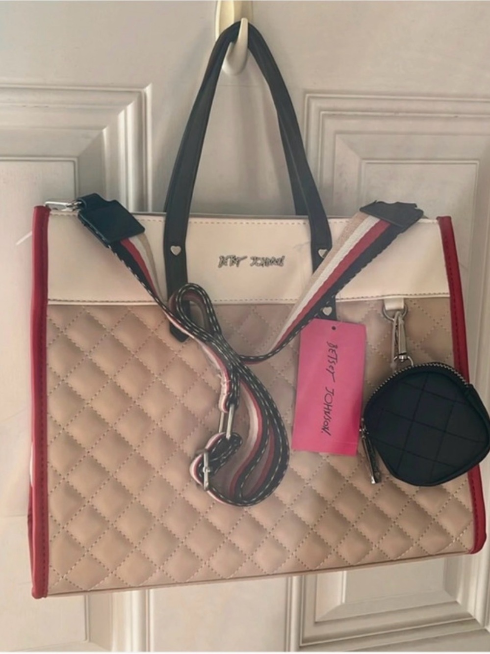 Betsey Johnson Beige Quilted Tote with Red Trim and Black Handles